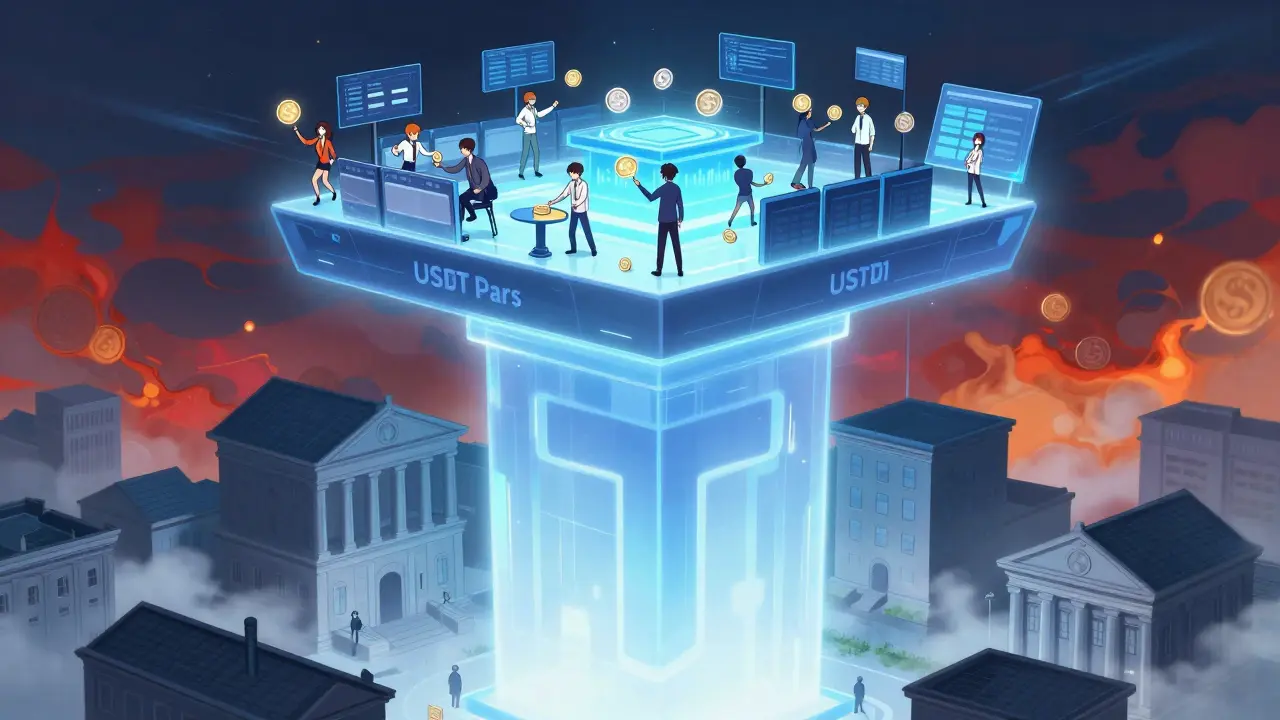 Anime illustration showing USDT stability supporting a busy digital market
