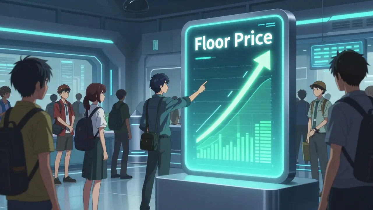 Anime marketplace scene showing rising floor price meter