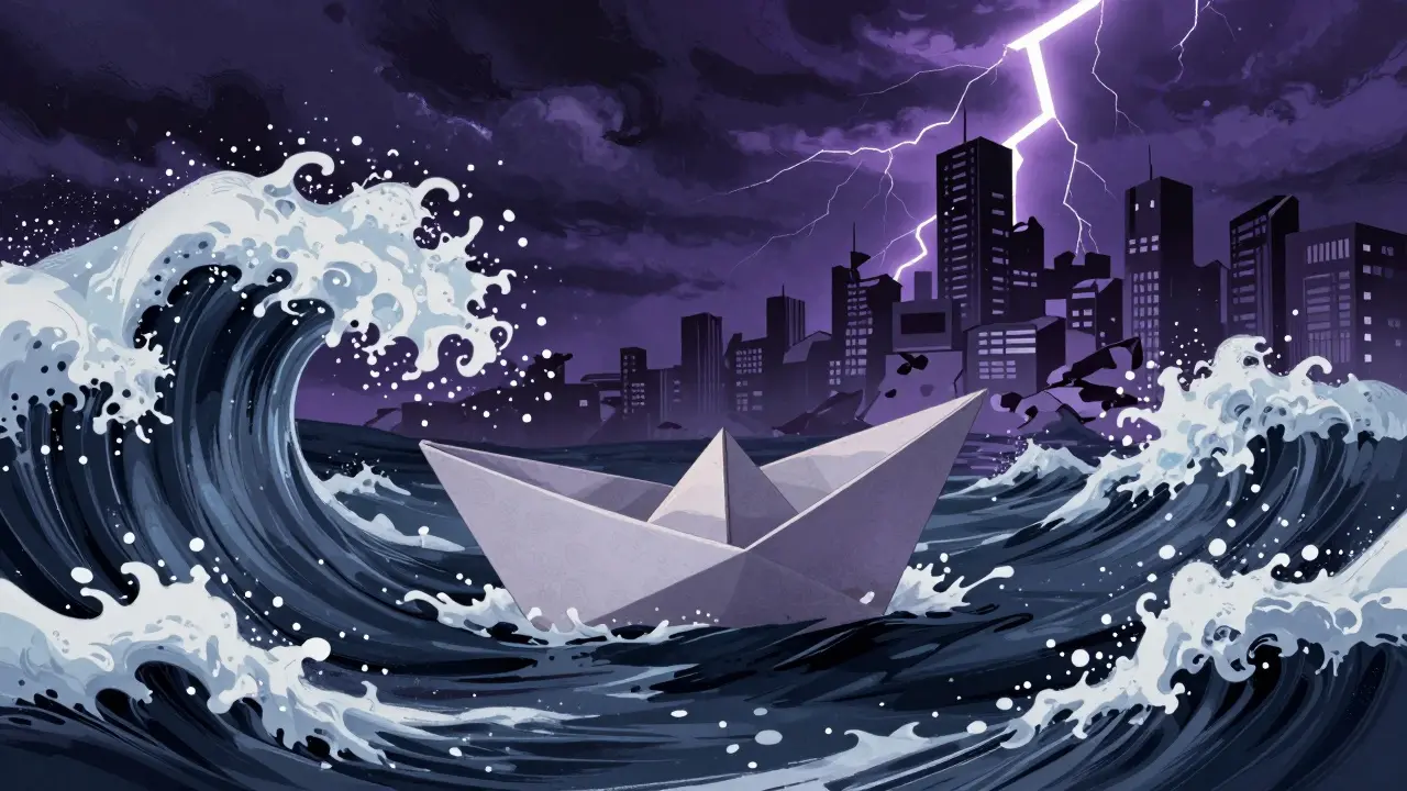 Anime metaphor of a small boat struggling in a stormy, dangerous digital sea