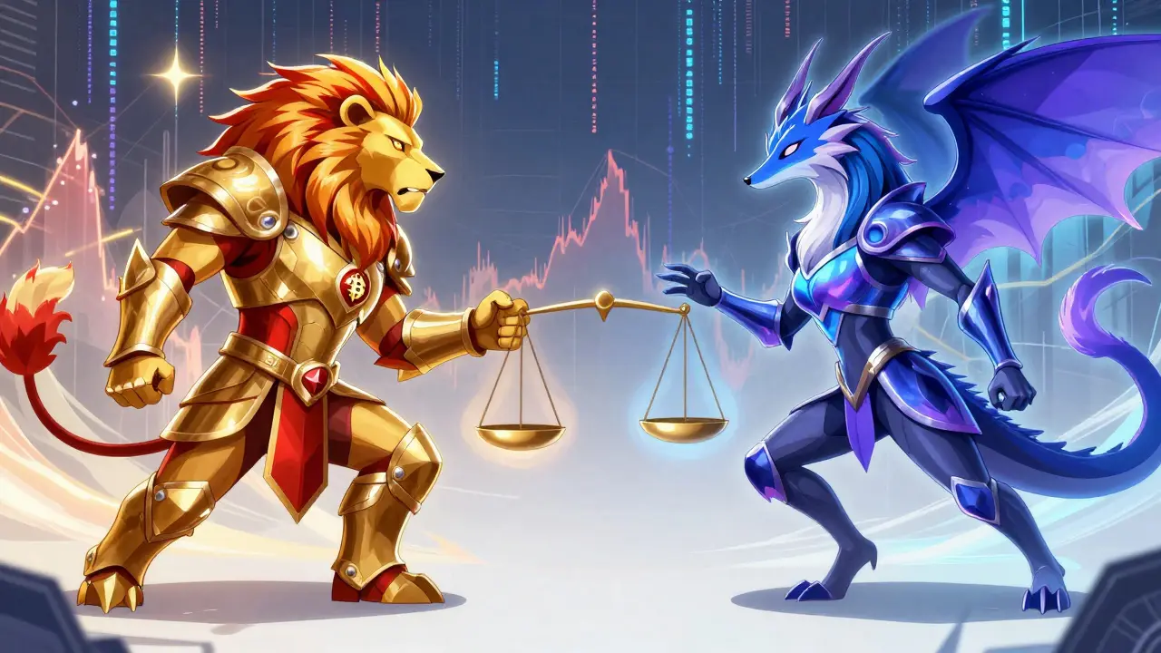 Anime spirits representing Bitcoin and Ethereum balancing in a data void