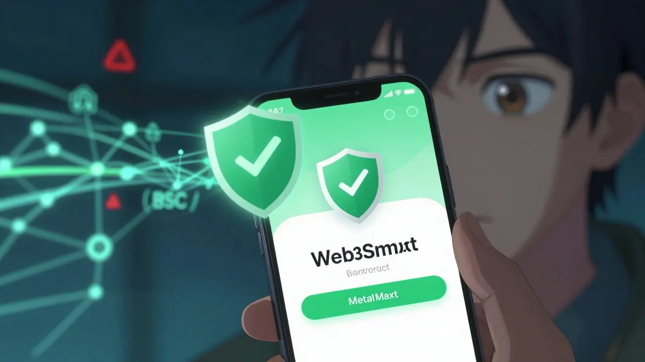Anime style close up of verifying crypto wallet security on phone