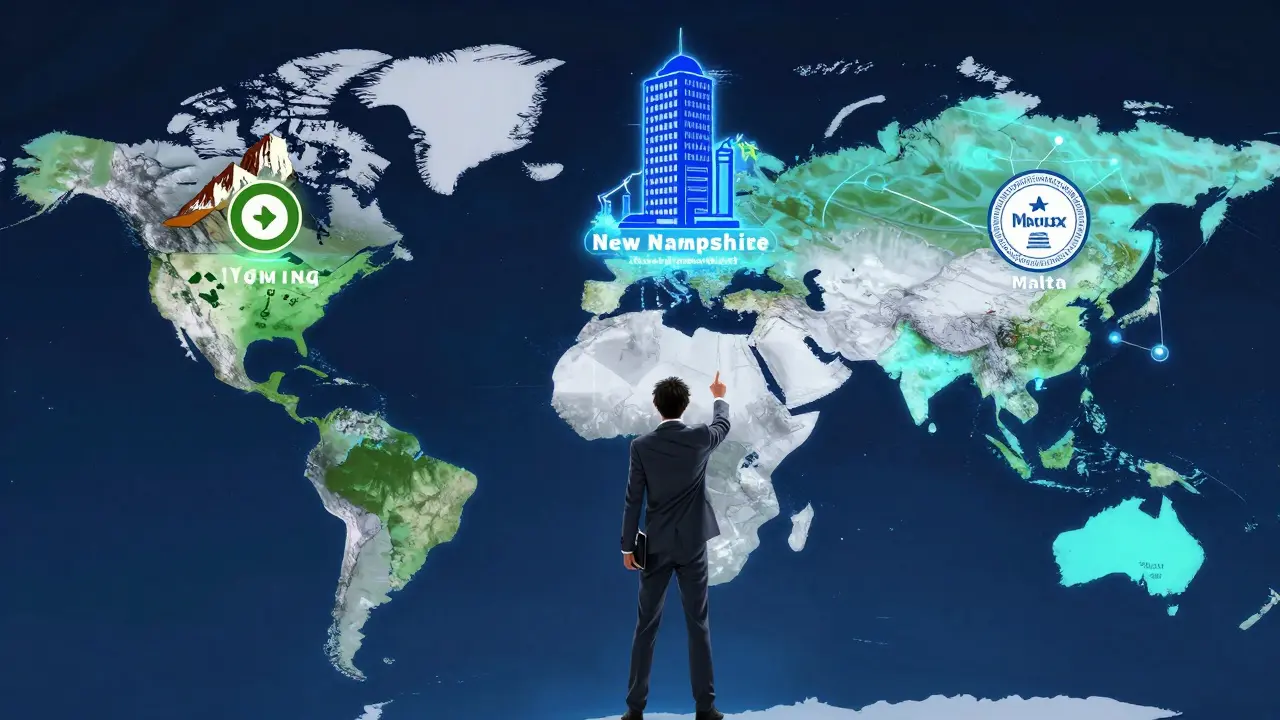 Anime style map highlighting US states and Malta as key jurisdictions for DAO registration.