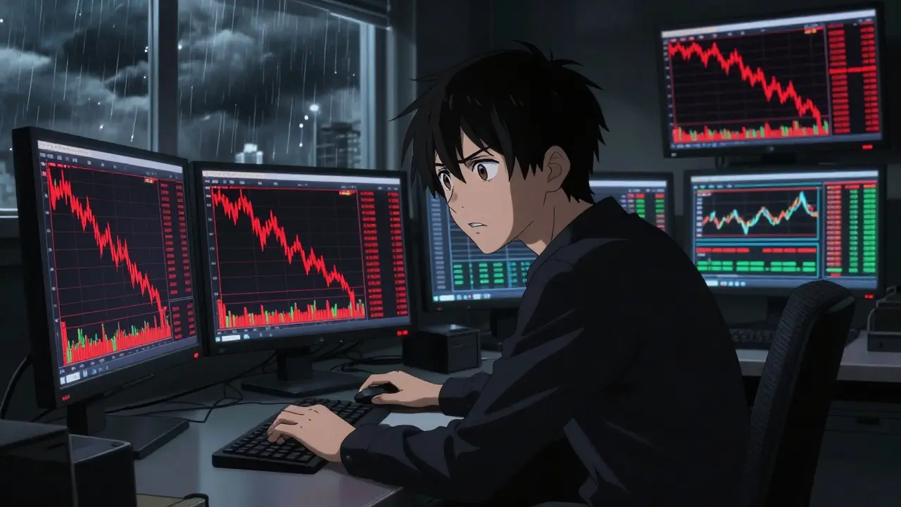 Anxious anime trader watching crashing crypto charts