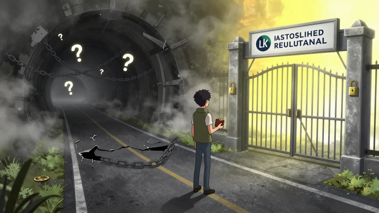 Character choosing between a risky dark path and a secure bright gate