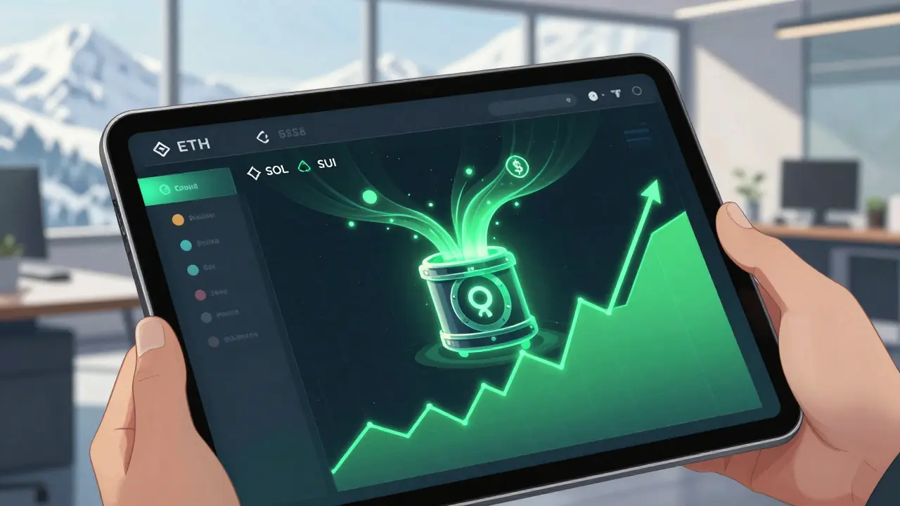 Digital dashboard showing crypto assets flowing to vault