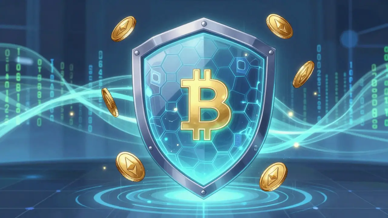 Digital shield protecting cryptocurrency coins in anime style