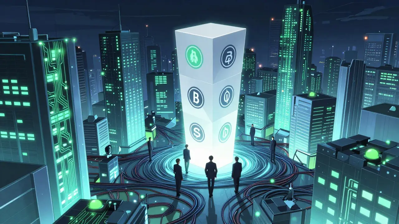 Futuristic blockchain cityscape showing market growth