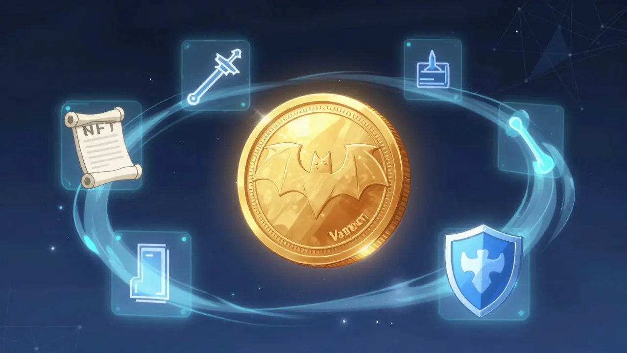 Glowing crypto coin surrounded by floating NFT asset icons in anime style
