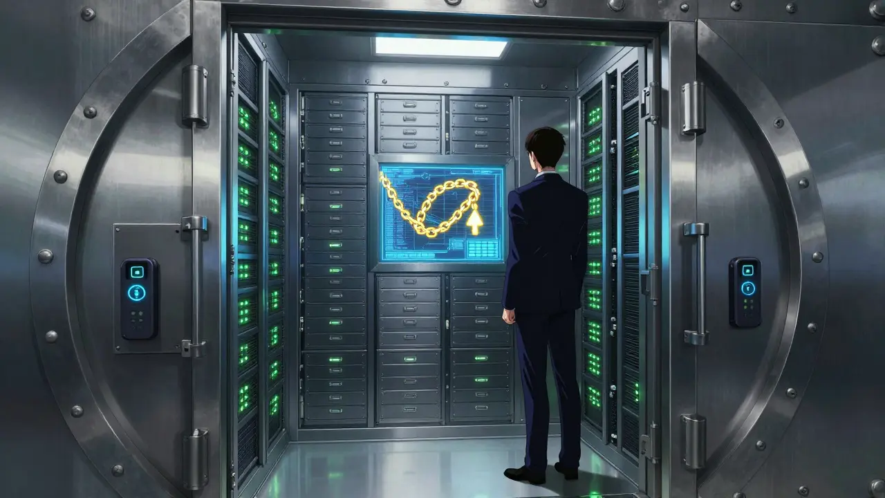 High-tech bank vault with servers and cryptographic keys