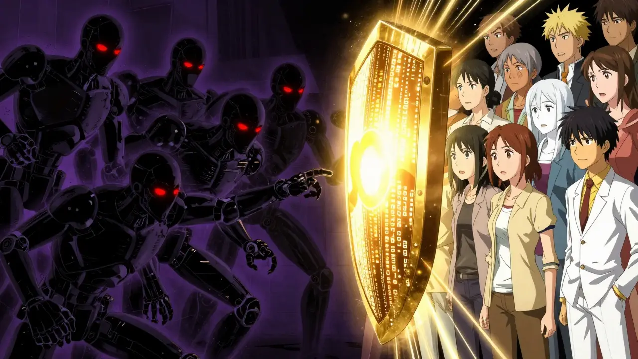 Manga illustration of a golden shield blocking shadowy bots from attacking human users