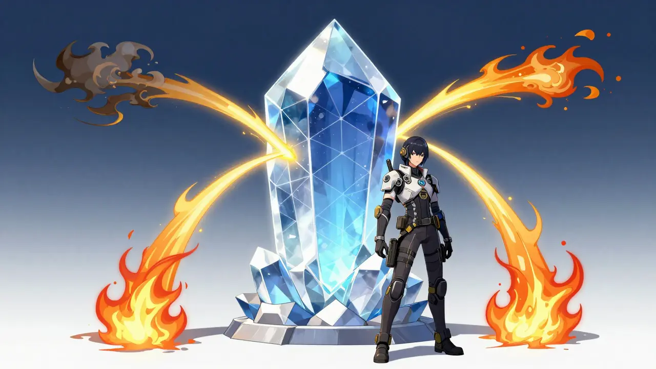 Manga style art showing a crystal structure absorbing three streams of energy, symbolizing token burns.