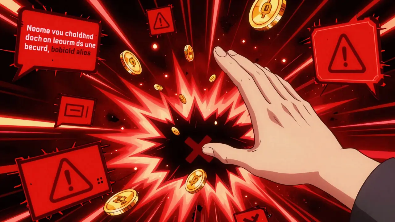 Manga style illustration of red flags and glitches on a scam crypto site