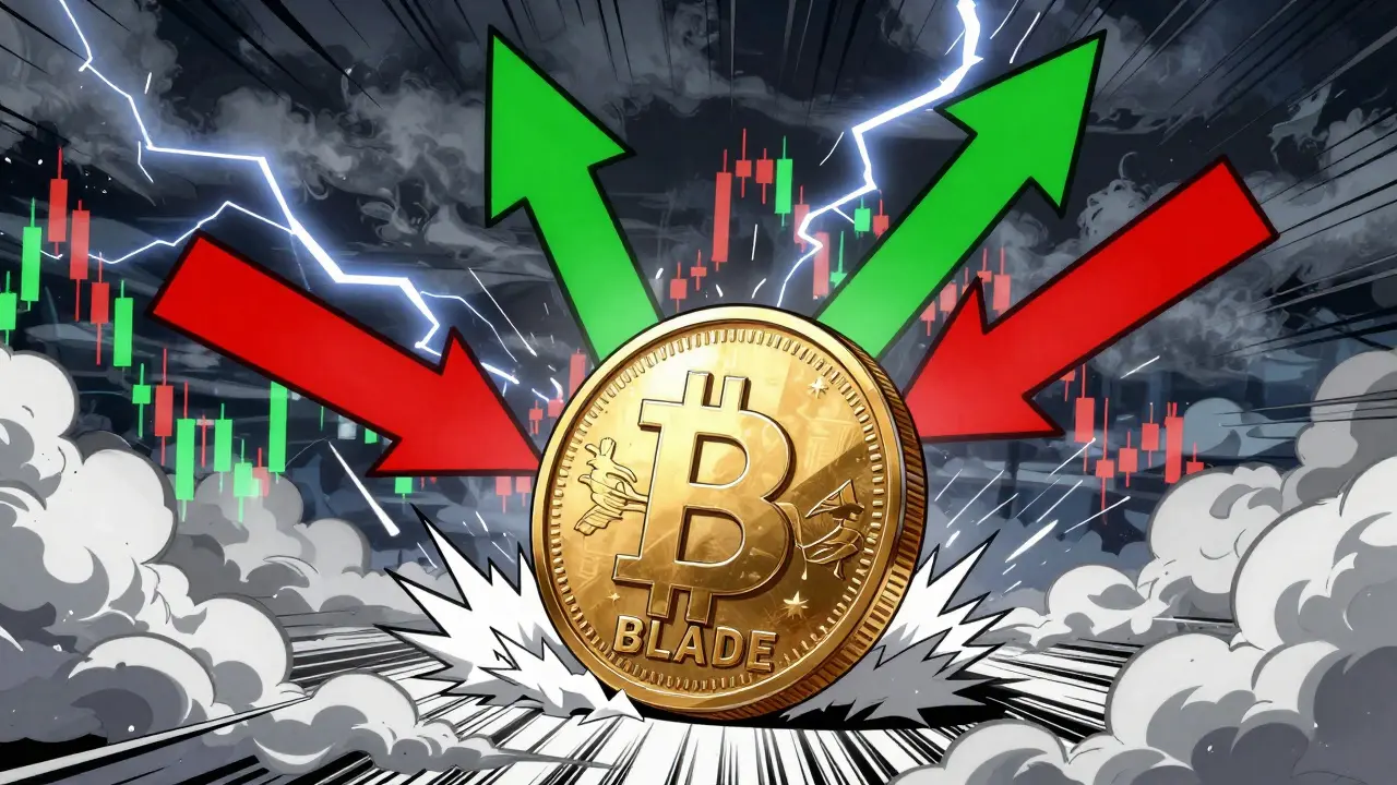 Manga style illustration of volatile crypto token amidst chaotic chart arrows