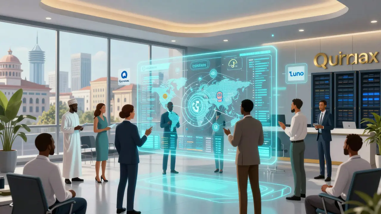 Modern Nigerian office integrating blockchain tech with banking systems