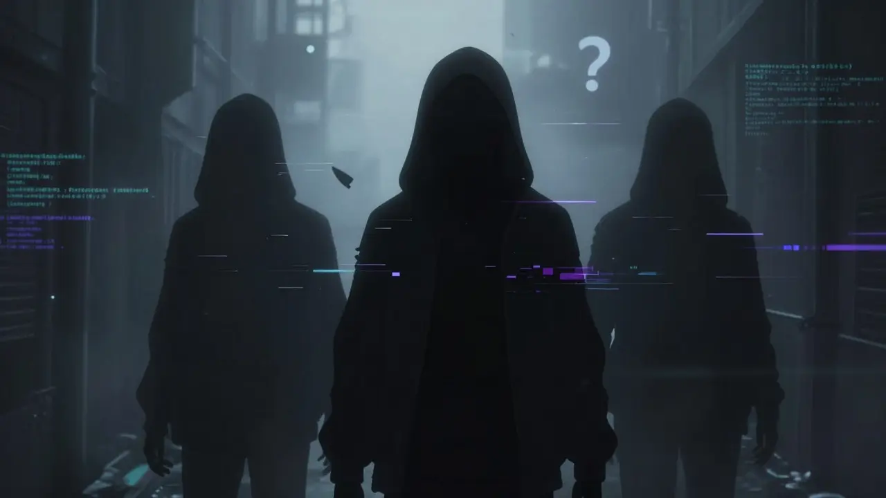 Silhouetted anonymous figures in a dark, glitchy alley