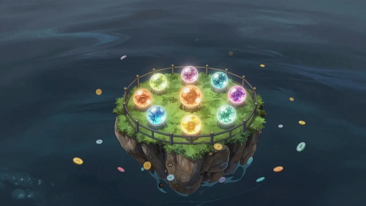 Small island with few coins isolated in vast digital ocean