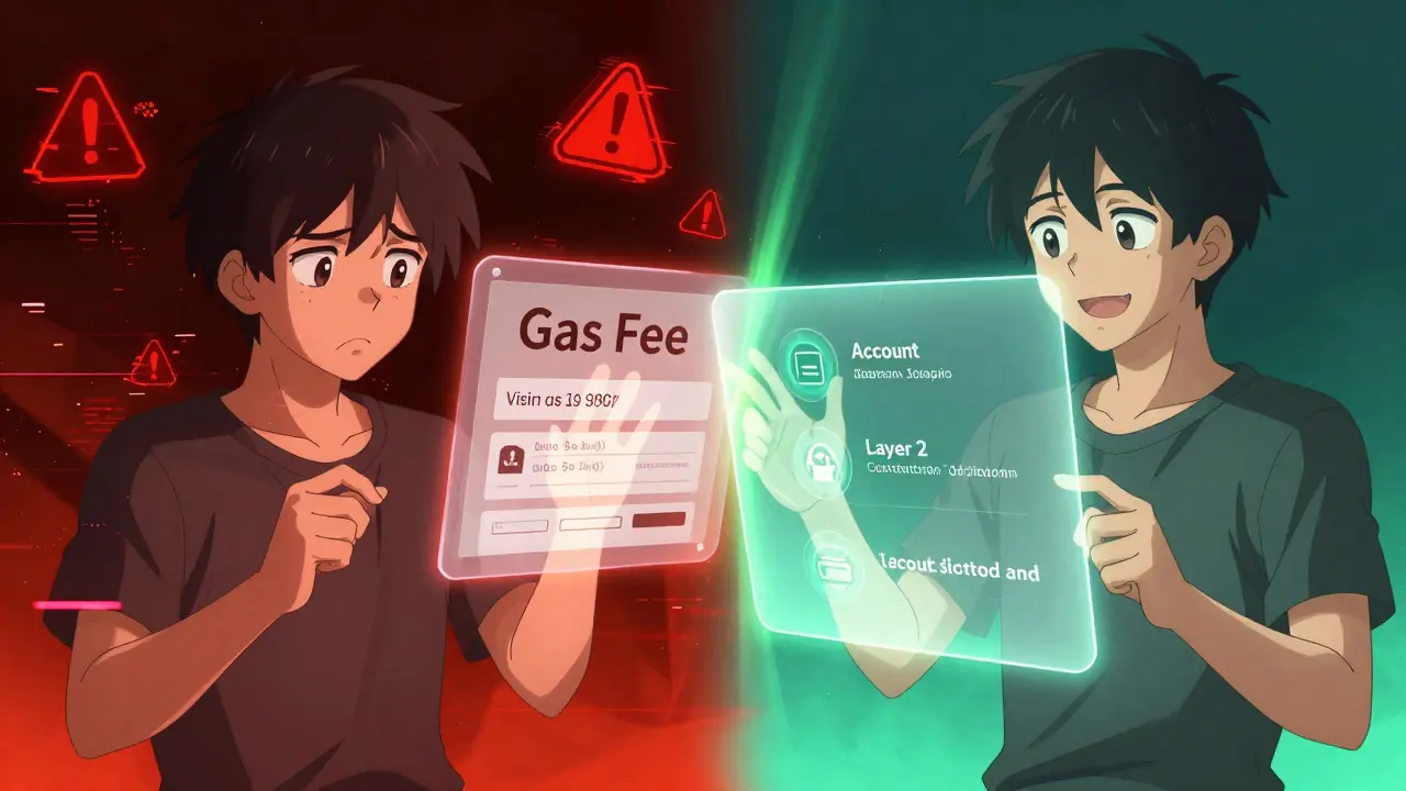 Split scene showing dApp challenges like gas fees versus future ease of use