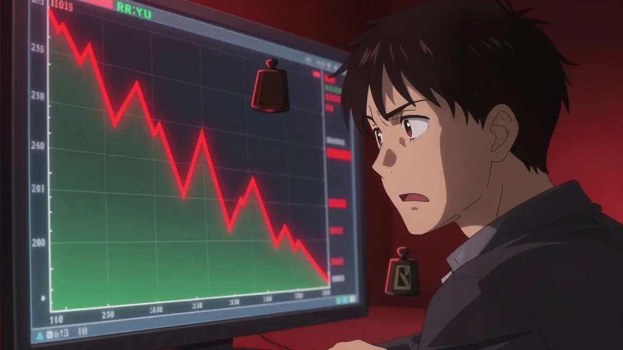 Stressed anime trader watching a price chart break out of range, illustrating impermanent loss risk.
