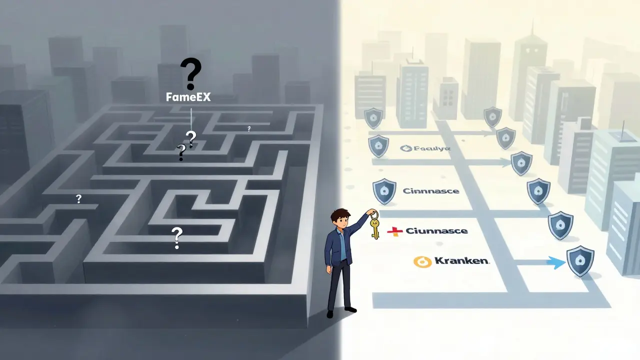 Trader choosing between risky maze and safe regulated city path