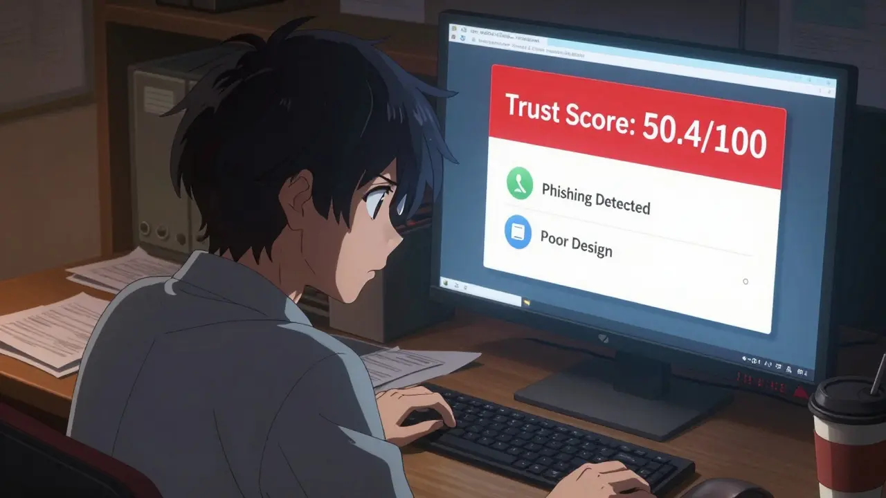Trader looking at computer screen with low trust score and phishing alerts