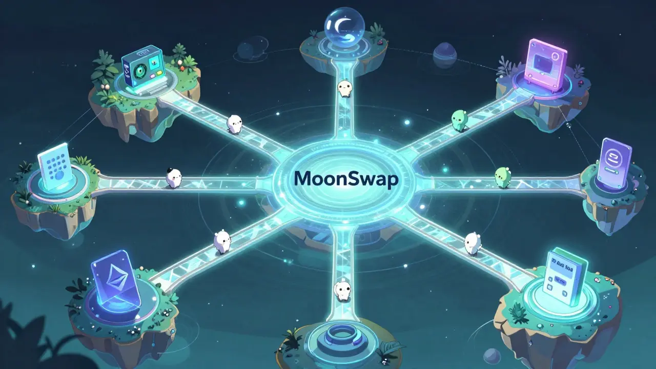 Abstract anime art of cross-chain liquidity pools and network bridges
