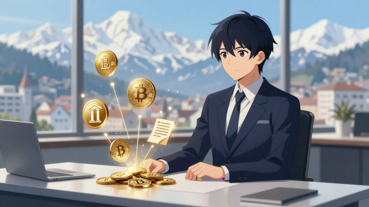 Anime businessman analyzing crypto assets in a Swiss high-rise office