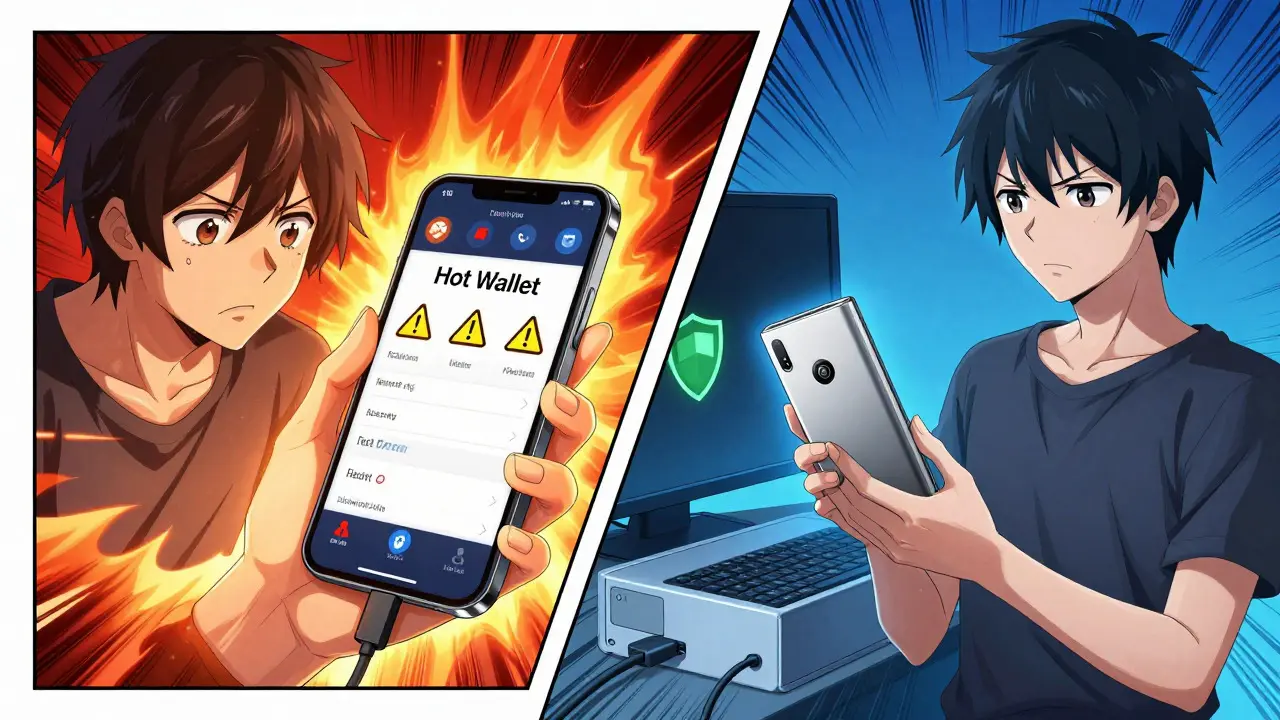 Anime character comparing a risky phone wallet to a secure hardware device.