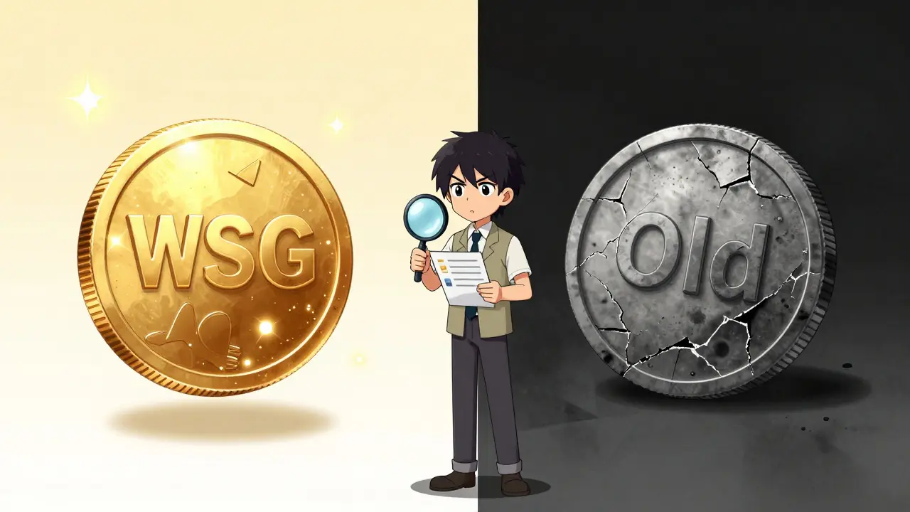 Anime character comparing a shiny new token vs a broken old one
