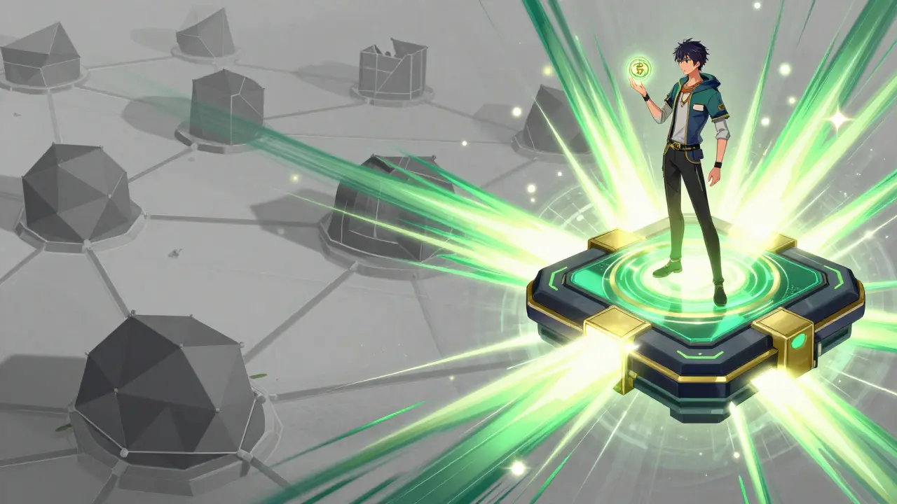 Anime character holding a glowing token as energy shifts to a new blockchain network