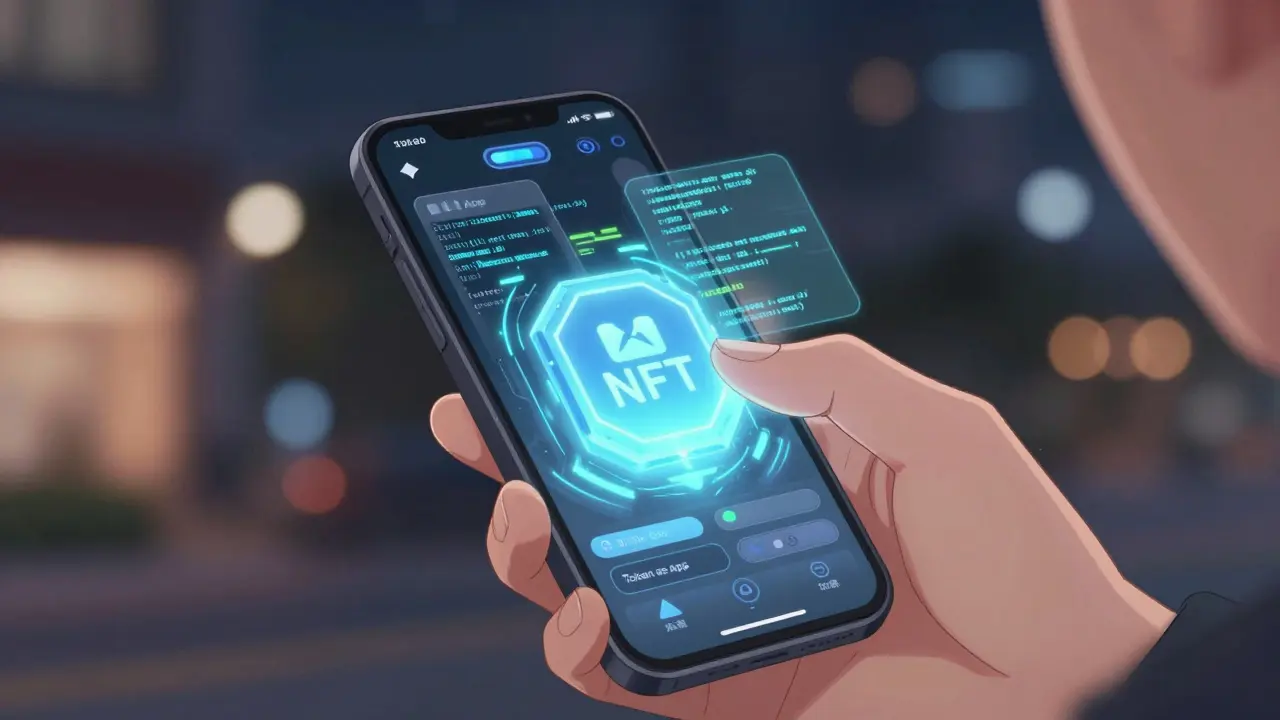 Anime character holding a phone where an NFT transforms into an interactive app interface