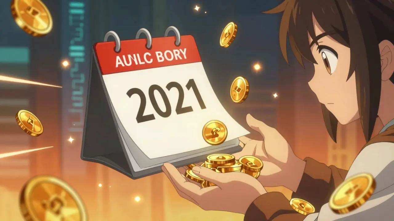 Anime character receiving falling golden coins near a floating 2021 calendar