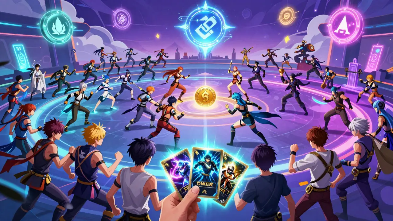 Anime characters battling with NFT warriors in arena