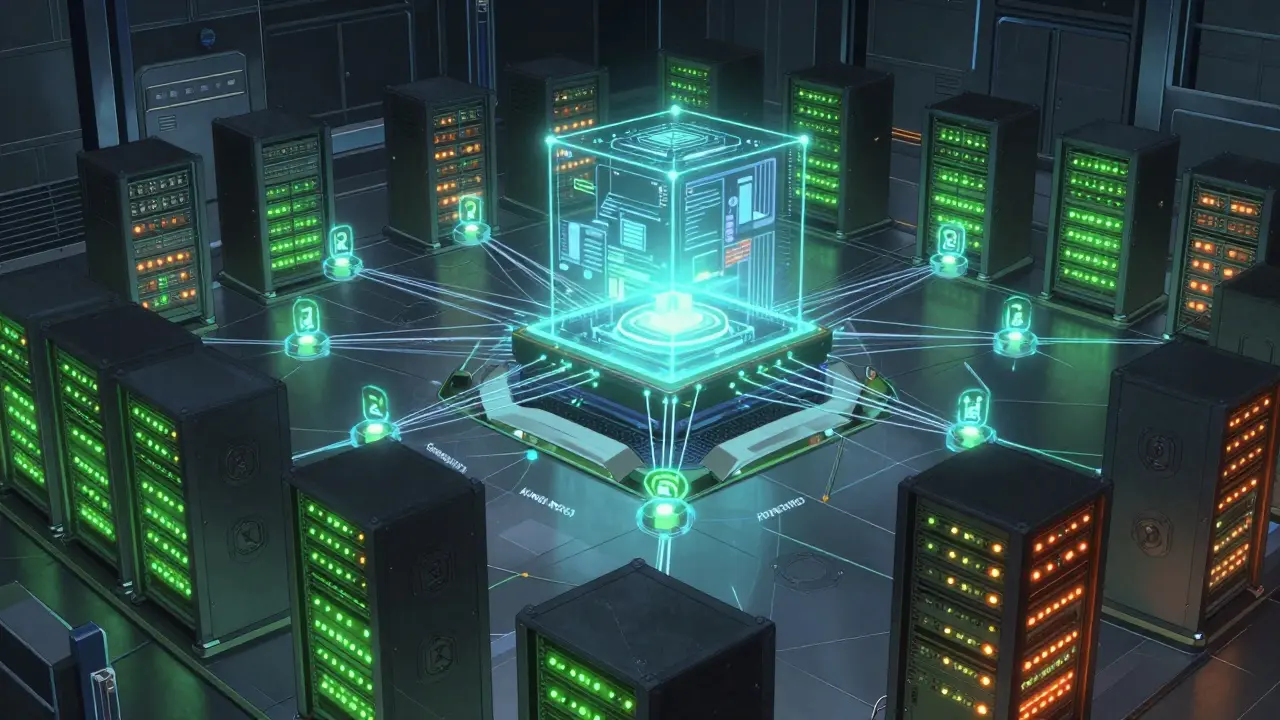 Anime depiction of service and anchoring nodes processing data for a blockchain network