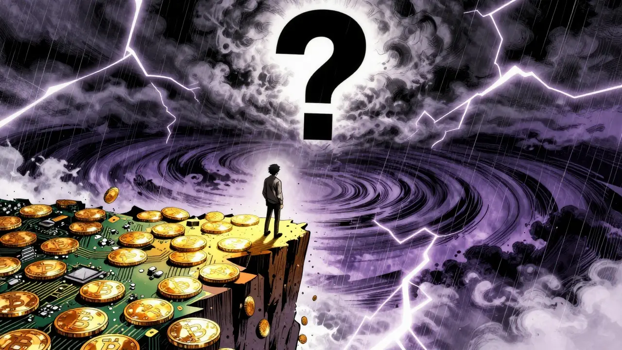Anime figure standing on a cliff edge overlooking a stormy abyss