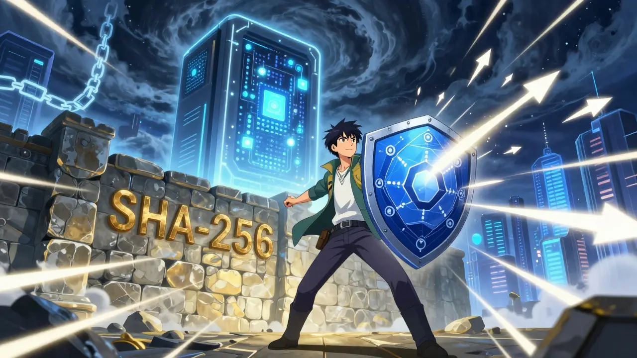 Anime hero defending a blockchain wall against a looming quantum computer threat.
