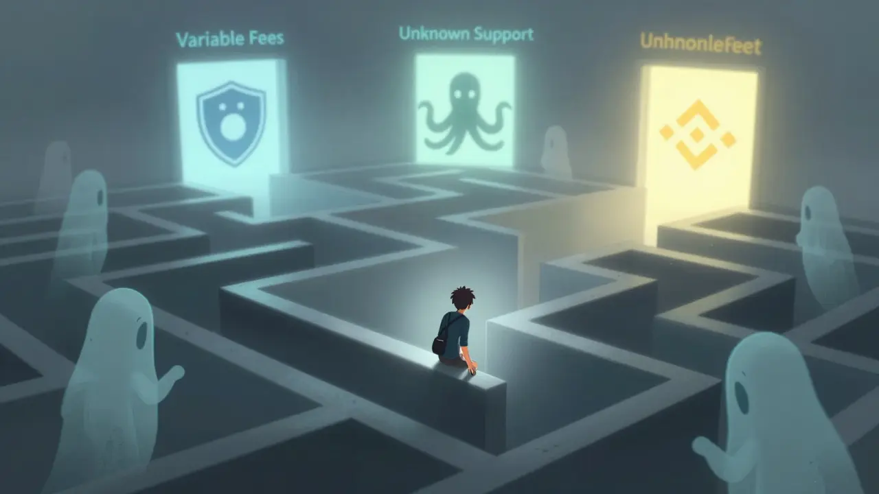 Anime illustration of a user escaping a maze of hidden fees towards safety.