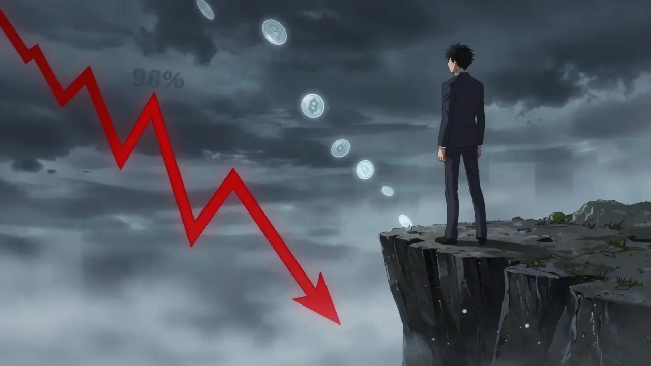 Anime investor standing by a steep downward crypto price chart in a moody setting