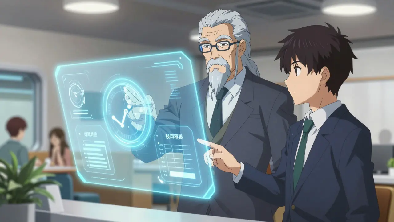 Anime mentor teaching investment lessons using holographic data visuals.