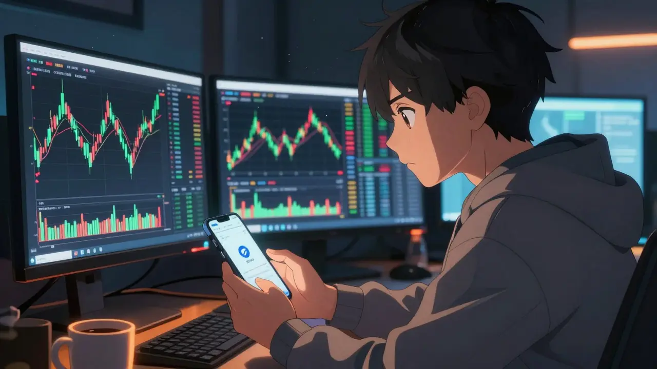 Anime trader looking at volatile crypto charts on screens