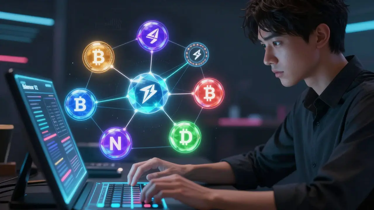 Anime trader managing custom multi-token liquidity pools with holographic interface