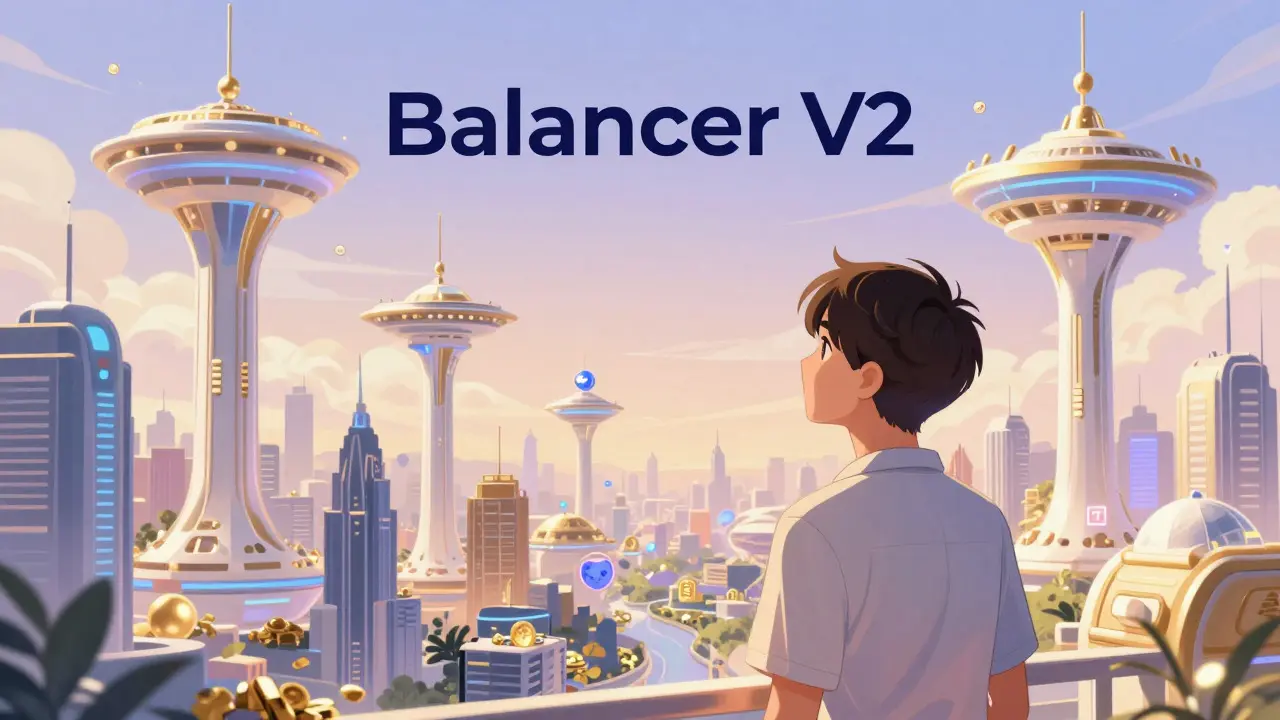 Anime view of futuristic DeFi city with integrated real-world asset vaults