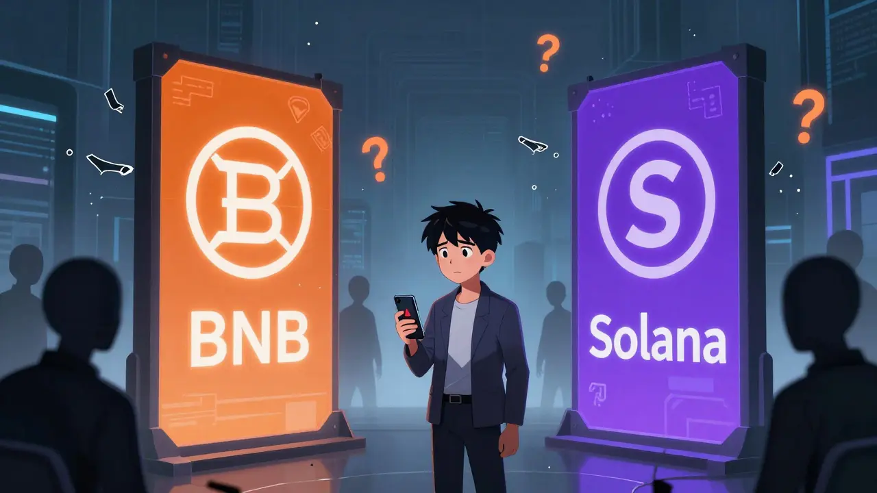 Confused anime character facing conflicting blockchain portals in fog.