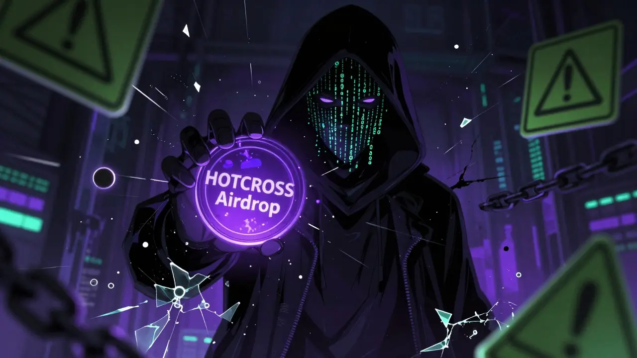 Dark anime figure offering a fake glowing crypto token in a glitchy cyber environment