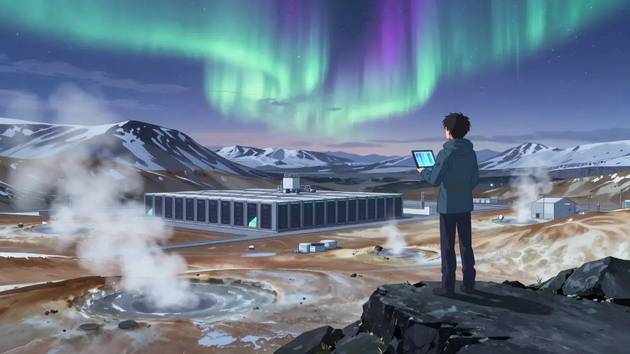 Eco-friendly mining farm in Iceland with geothermal vents and aurora