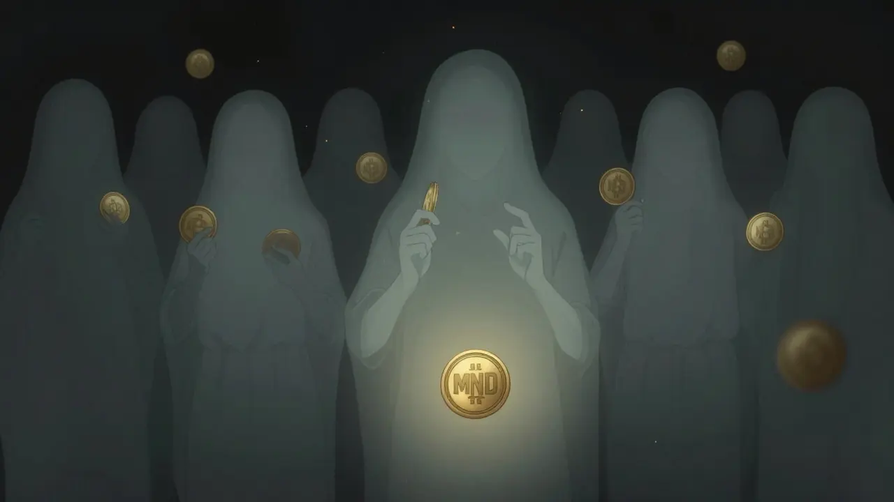 Fading crowd of crypto holders dissolving into pixels in dark room
