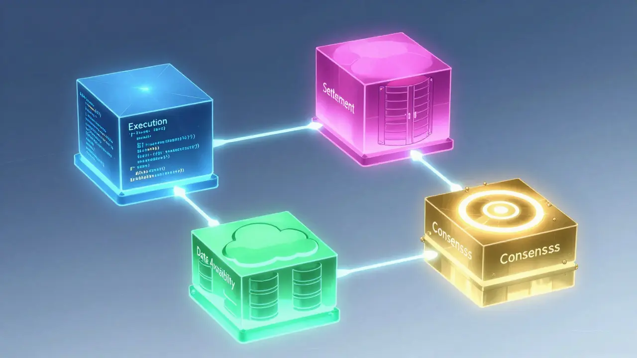 Four glowing geometric modules representing specialized blockchain functions