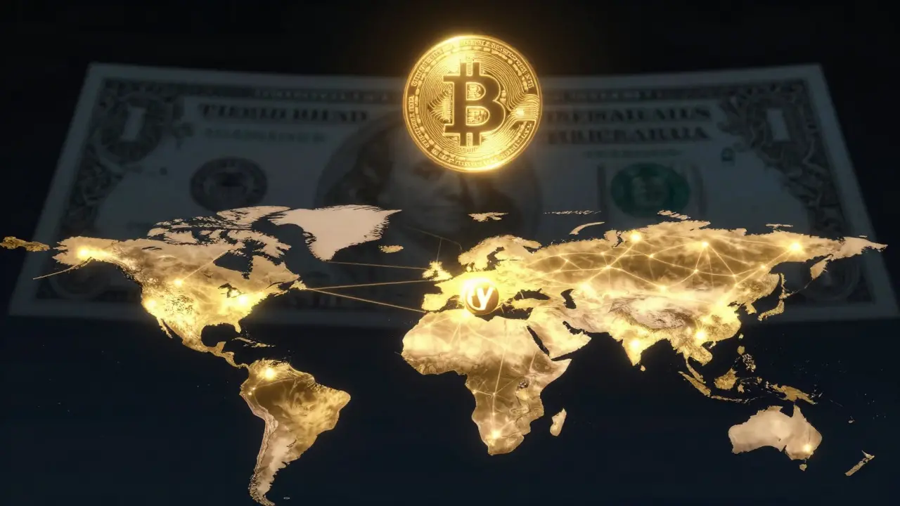 Global map showing e-CNY network expansion versus isolated bitcoin orb