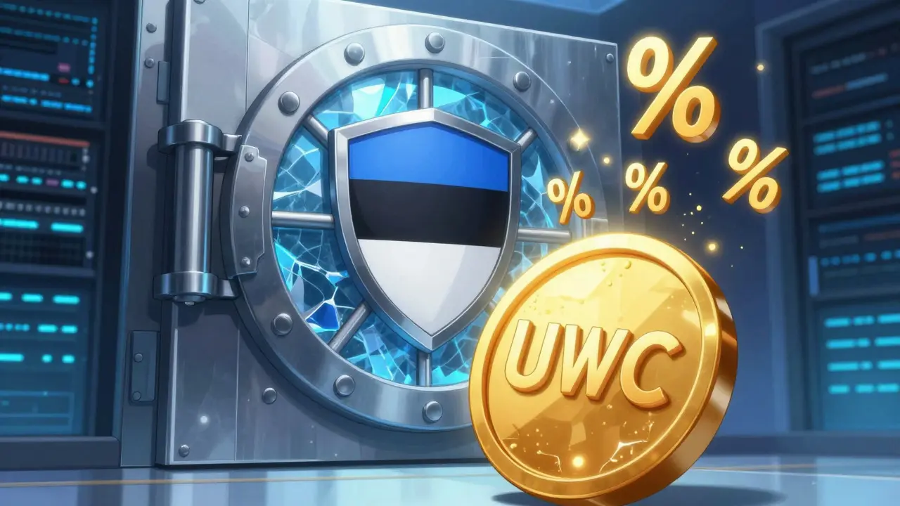 Glowing UQC token next to a secure ice vault in anime style