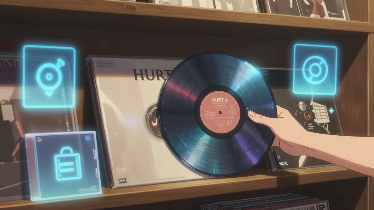 Hand grabbing glowing vinyl record surrounded by floating NFT frames