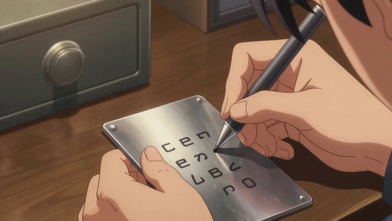Hands writing a recovery phrase on a metal plate near a fireproof safe.